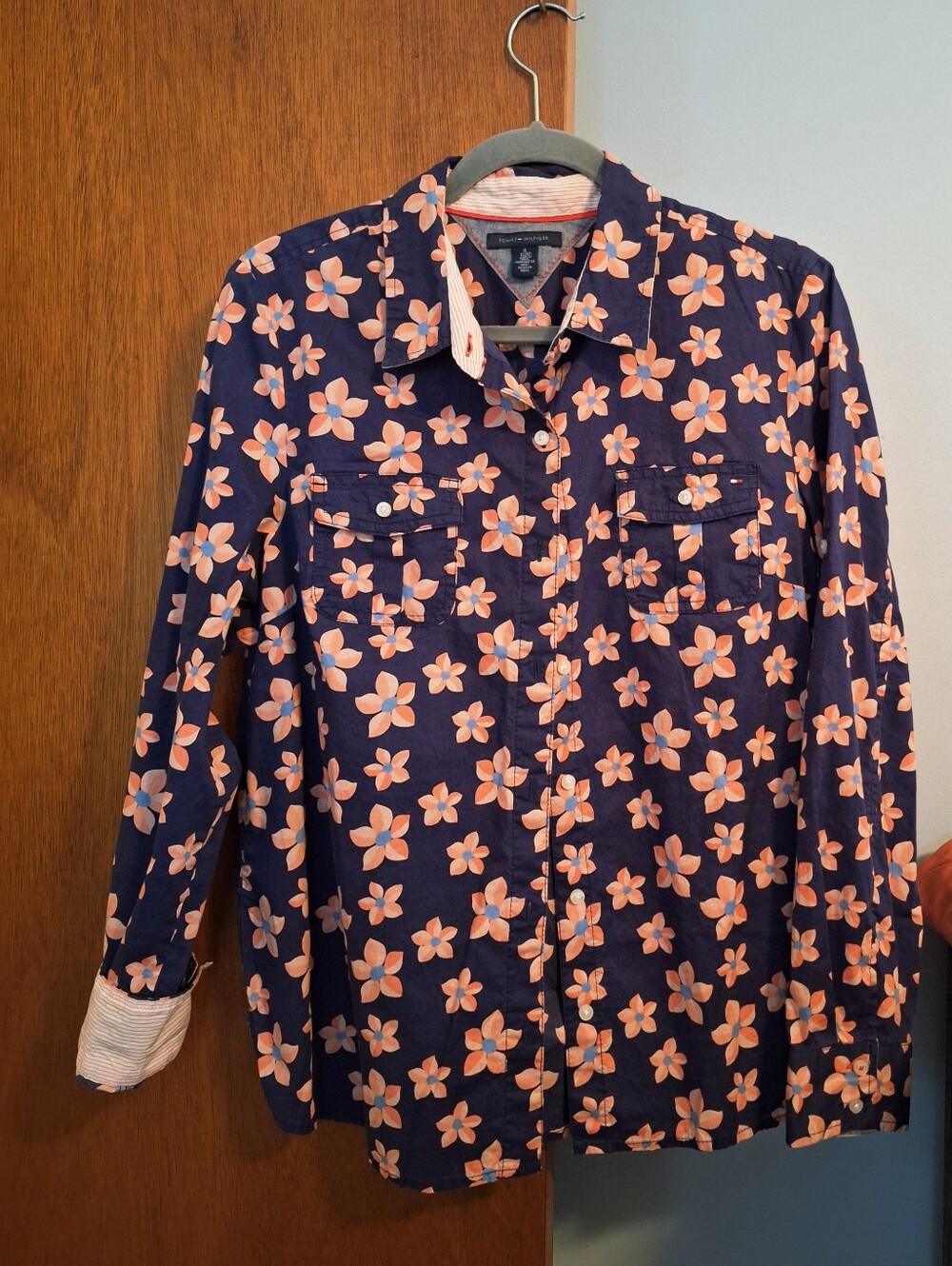 Tommy Hilfiger Navy with Orange Floral Print Button Down LS Women's Top Size XL